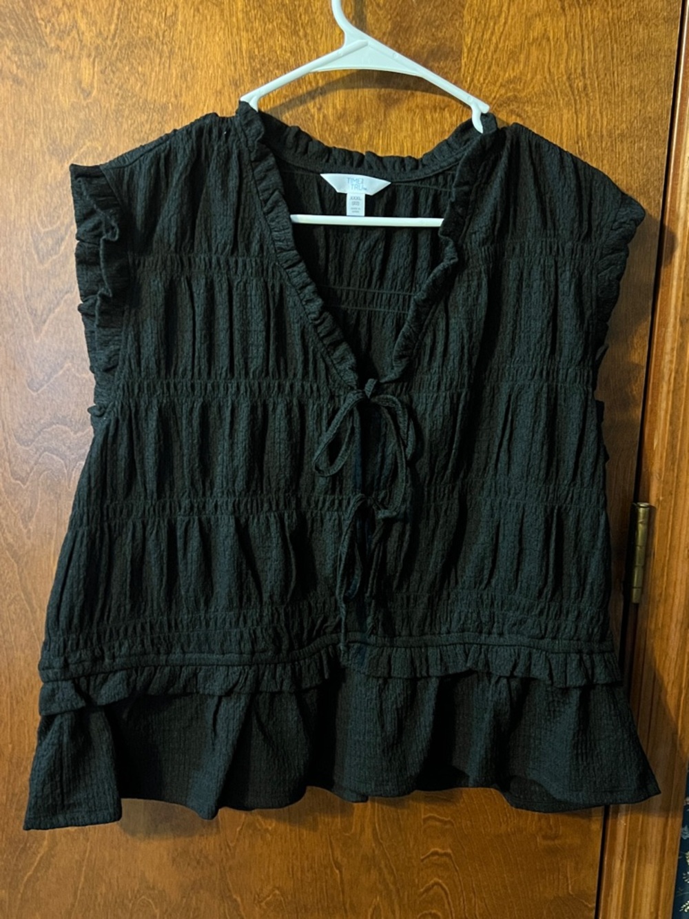 Time and Tru Black Ruffle Tie-Front Peasant Top